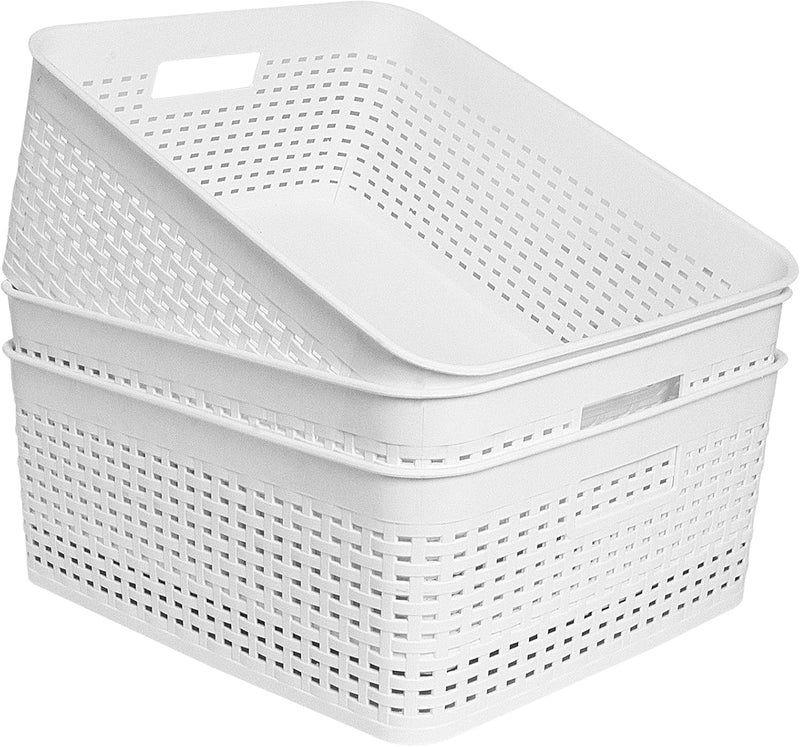 Soddeph Plastic Storage Baskets for Cabinets, Household Pantry Organization with Handle,Organizer Bins for Room,Bathrooms,Under-Sink,Kitchen (White, L-3PACK) - Image 1